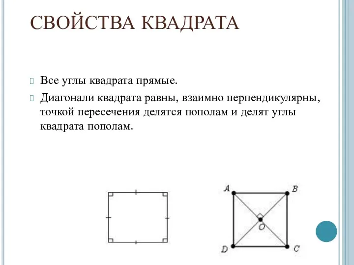 СВОЙСТВА КВАДРАТА Все углы квадрата прямые. Диагонали квадрата равны, взаимно