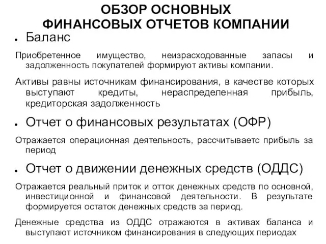 Баланс Приобретенное имущество, неизрасходованные запасы и задолженность покупателей формируют активы