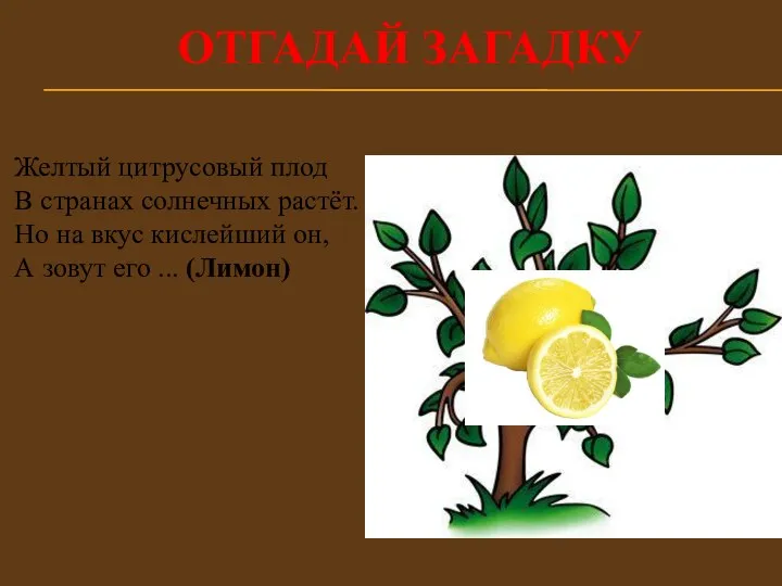 Отгадай загадку Желтый цитрусовый плод В странах солнечных растёт. Но