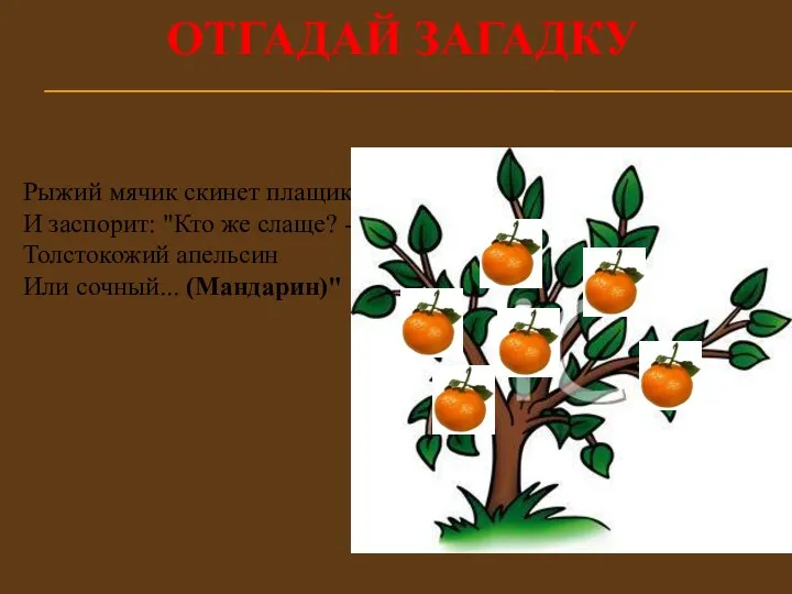 Отгадай загадку Рыжий мячик скинет плащик И заспорит: "Кто же слаще? - Толстокожий