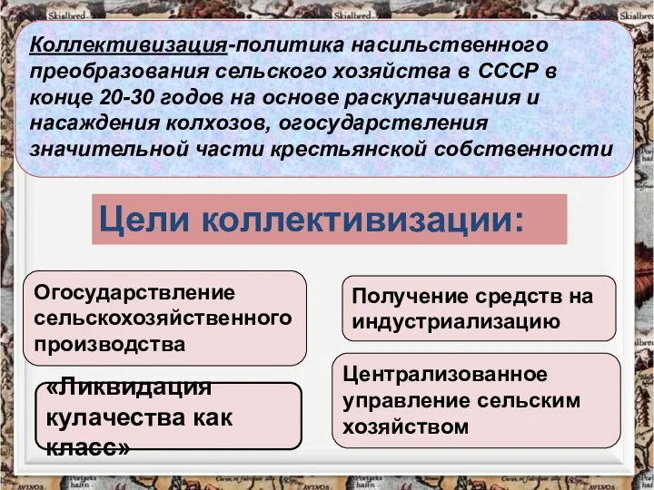 Огосударствление сельскохозяйственного производства Получение средств на индустриализацию Централизованное управление сельским