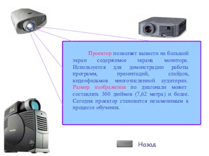 Проектор позволяет вывести на большой экран содержимое экрана монитора. Используется