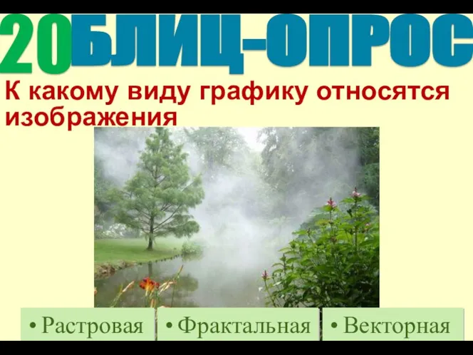 К какому виду графику относятся изображения Растровая Фрактальная Векторная БЛИЦ-ОПРОС 20