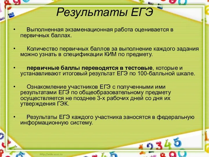 Результаты ЕГЭ Выполненная экзаменационная работа оценивается в первичных баллах. Количество