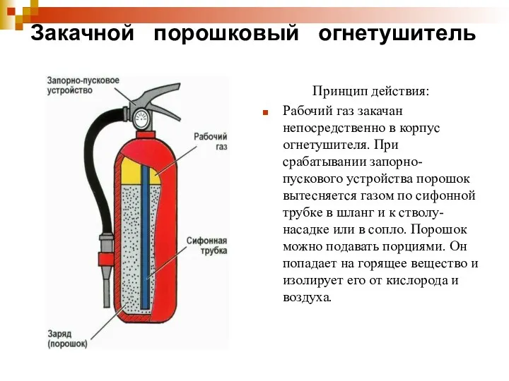 Закачной порошковый огнетушитель Принцип действия: Рабочий газ закачан непосредственно в корпус огнетушителя. При