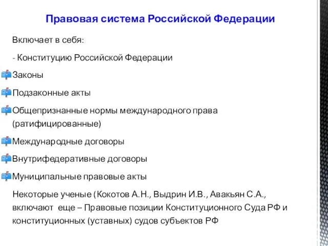 Включает в себя: - Конституцию Российской Федерации Законы Подзаконные акты
