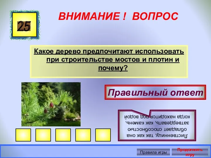 ВНИМАНИЕ ! ВОПРОС Какое дерево предпочитают использовать при строительстве мостов