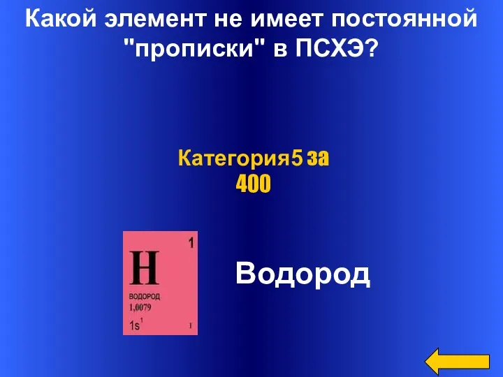 Какой элемент не имеет постоянной "прописки" в ПСХЭ? Водород Категория5 за 400