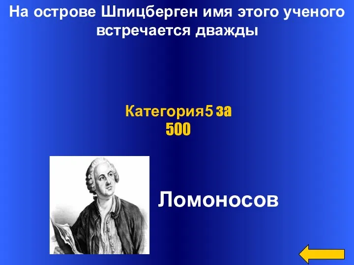 На острове Шпицберген имя этого ученого встречается дважды Ломоносов Категория5 за 500