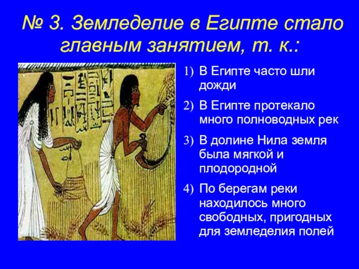 № 3. Земледелие в Египте стало главным занятием, т. к.: . В Египте