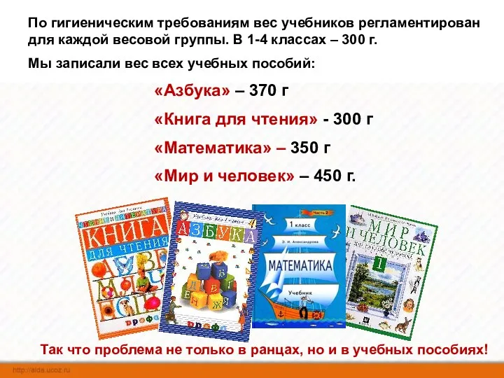 По гигиеническим требованиям вес учебников регламентирован для каждой весовой группы. В 1-4 классах