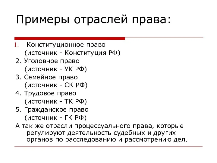 Примеры отраслей права: Конституционное право (источник - Конституция РФ) 2.