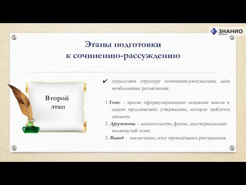 Этапы подготовки к сочинению-рассуждению определяем структуру сочинения-рассуждения, даём необходимые разъяснения: