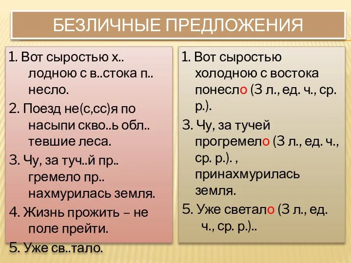 Безличные предложения 1. Вот сыростью х..лодною с в..стока п..несло. 2.