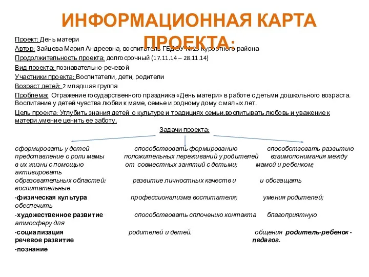 Проект: День матери Автор: Зайцева Мария Андреевна, воспитатель ГБДОУ №29