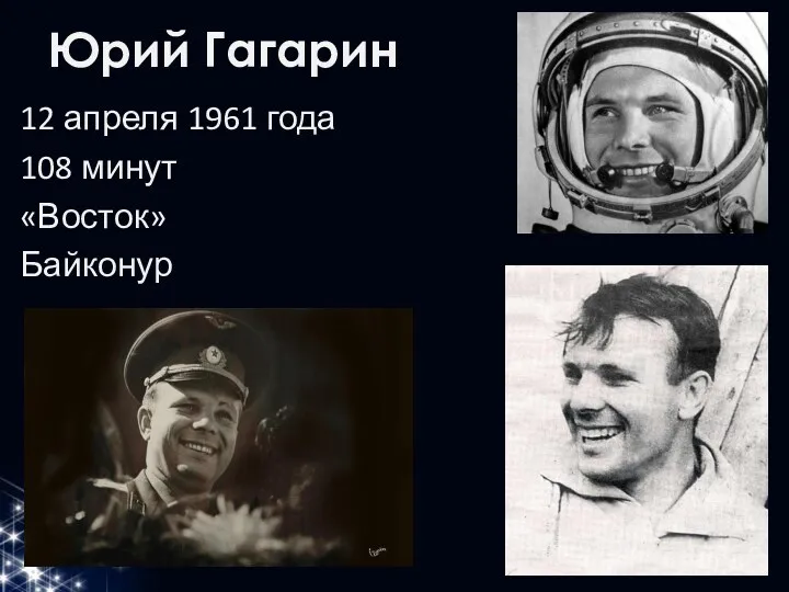 Юрий Гагарин 12 апреля 1961 года 108 минут «Восток» Байконур