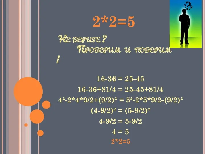 Не верите ? Проверим и поверим ! 16-36 = 25-45 16-36+81/4 = 25-45+81/4