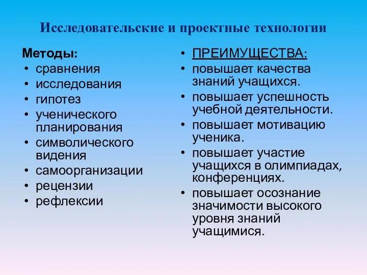 Исследовательские и проектные технологии Методы: сравнения исследования гипотез ученического планирования