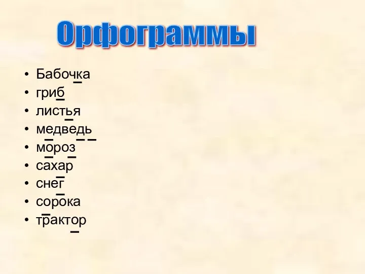 Бабочка гриб листья медведь мороз сахар снег сорока трактор Орфограммы