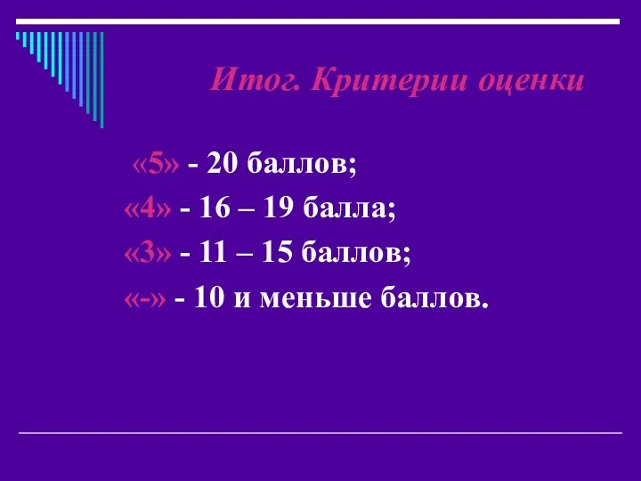 Итог. Критерии оценки «5» - 20 баллов; «4» - 16