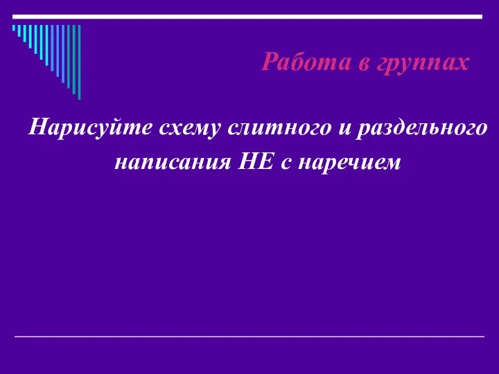 Работа в группах Нарисуйте схему слитного и раздельного написания НЕ с наречием