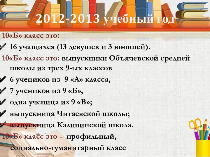 2012-2013 учебный год 10«Б» класс это: 16 учащихся (13 девушек и 3 юношей).