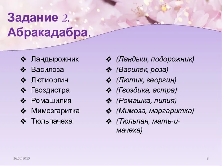 26.02.2010 Задание 2. Абракадабра. Ландырожник Василоза Лютиоргин Гвоздистра Ромашилия Мимозгаритка