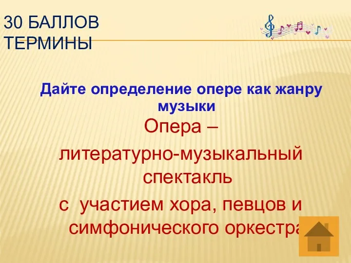 30 баллов термины Дайте определение опере как жанру музыки Опера