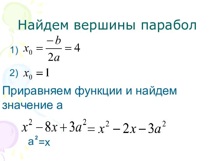 Найдем вершины парабол 1) 2) Приравняем функции и найдем значение а а =х 2