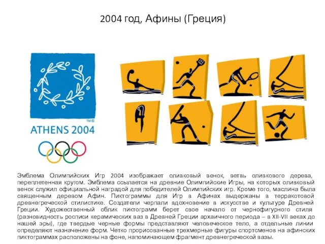 2004 год, Афины (Греция) Эмблема Олимпийских Игр 2004 изображает оливковый