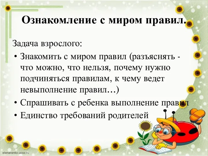 Ознакомление с миром правил. Задача взрослого: Знакомить с миром правил