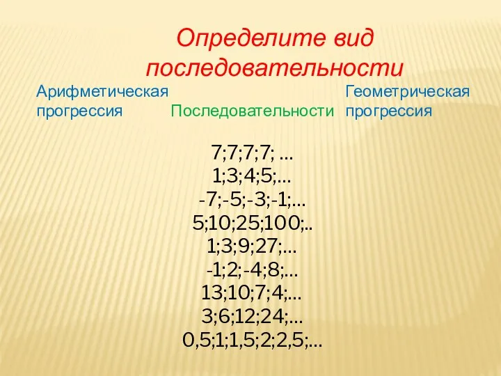 Определите вид последовательности Последовательности 7;7;7;7; … 1;3;4;5;… -7;-5;-3;-1;… 5;10;25;100;.. 1;3;9;27;…