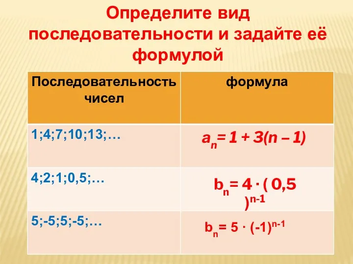 Определите вид последовательности и задайте её формулой an= 1 + 3(n – 1)