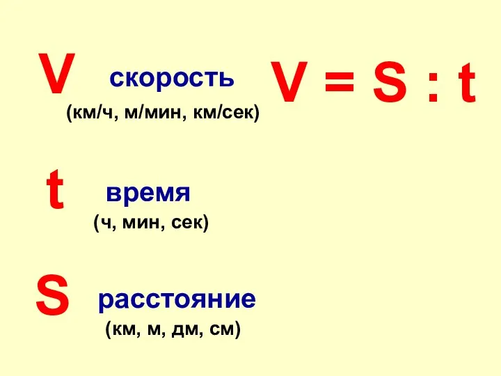 V t S скорость время расстояние (км/ч, м/мин, км/сек) (ч,