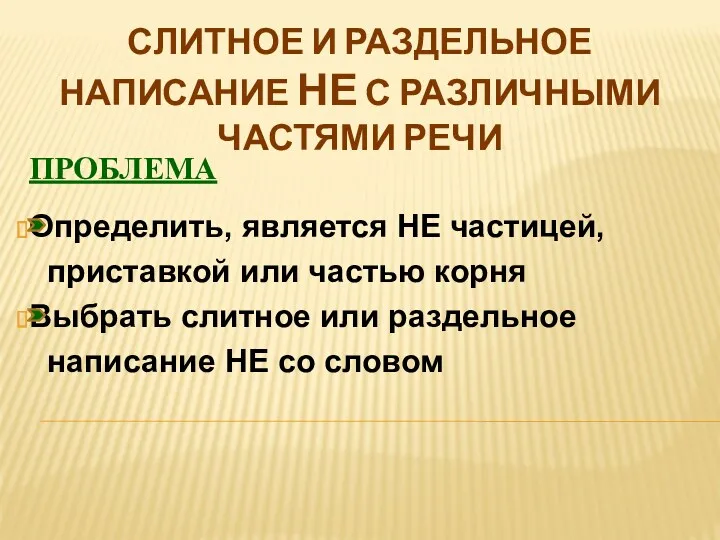 Слитное и раздельное написание НЕ с различными частями речи ПРОБЛЕМА