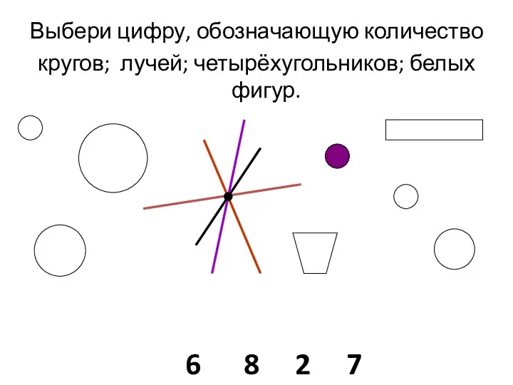 Выбери цифру, обозначающую количество кругов; лучей; четырёхугольников; белых фигур. 6 8 2 7