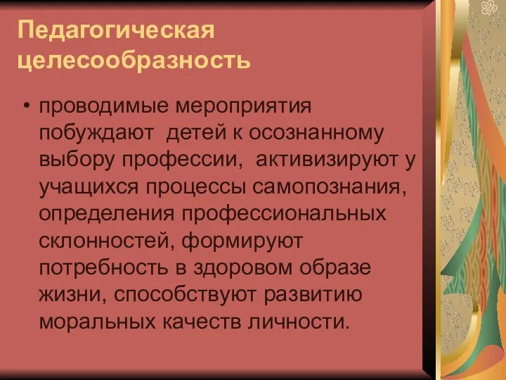 Педагогическая целесообразность проводимые мероприятия побуждают детей к осознанному выбору профессии,