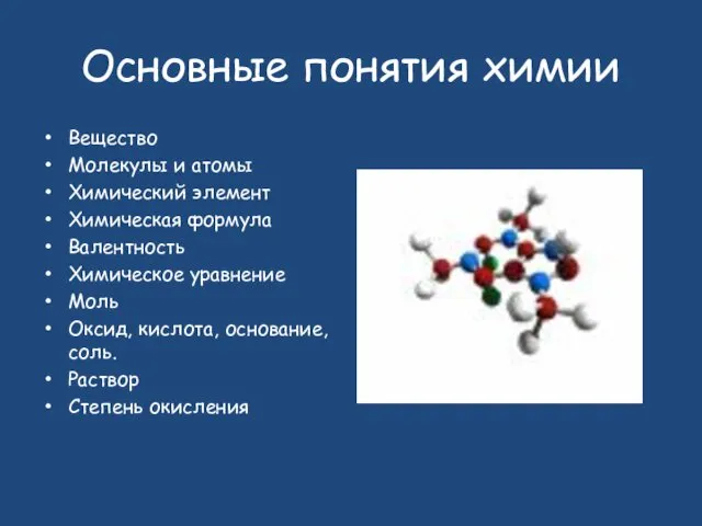 Основные понятия химии Вещество Молекулы и атомы Химический элемент Химическая