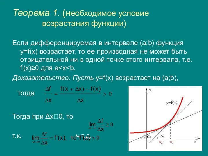 Теорема 1. (необходимое условие возрастания функции) Если дифференцируемая в интервале