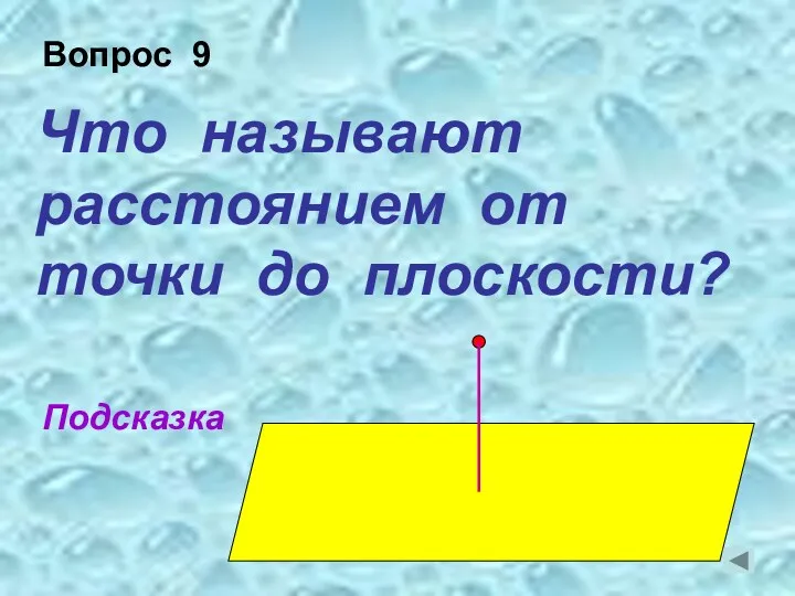 Что называют расстоянием от точки до плоскости? Подсказка Вопрос 9