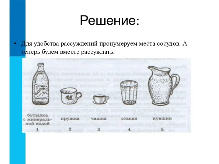 Решение: Для удобства рассуждений пронумеруем места сосудов. А теперь будем вместе рассуждать.