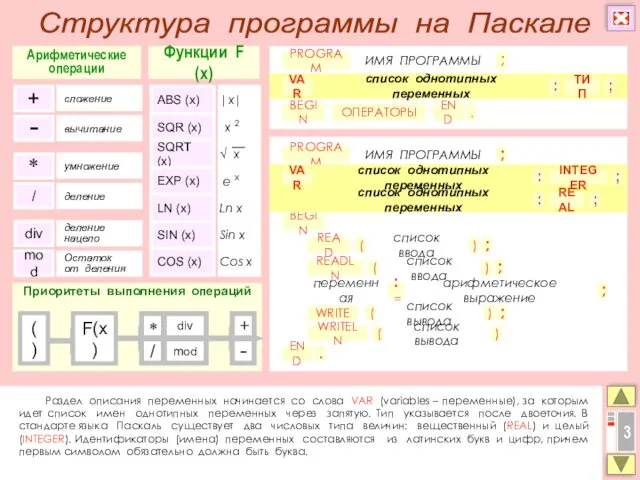 Раздел описания переменных начинается со слова VAR (variables – переменные),