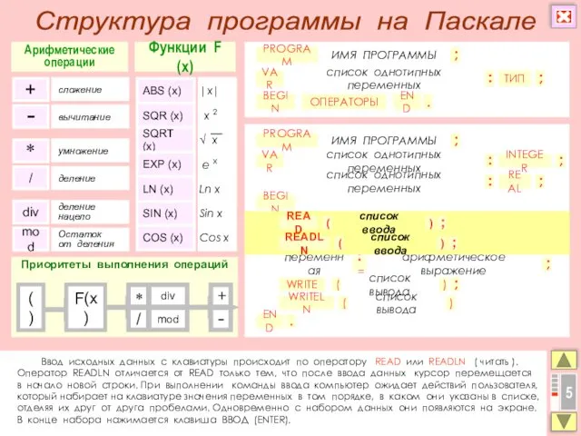 Ввод исходных данных с клавиатуры происходит по оператору READ или