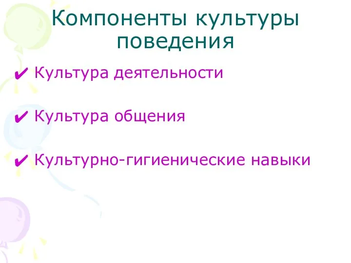 Компоненты культуры поведения Культура деятельности Культура общения Культурно-гигиенические навыки