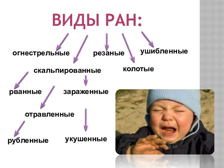 рванные Виды ран: огнестрельные колотые ушибленные резаные скальпированные укушенные зараженные отравленные рубленные