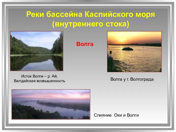 Реки бассейна Каспийского моря (внутреннего стока) Волга Исток Волги –