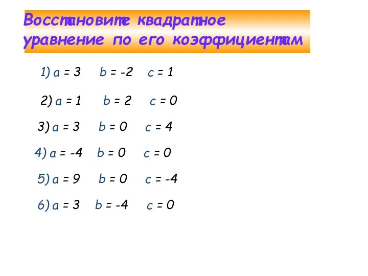 Восстановите квадратное уравнение по его коэффициентам 1) а = 3 b = -2