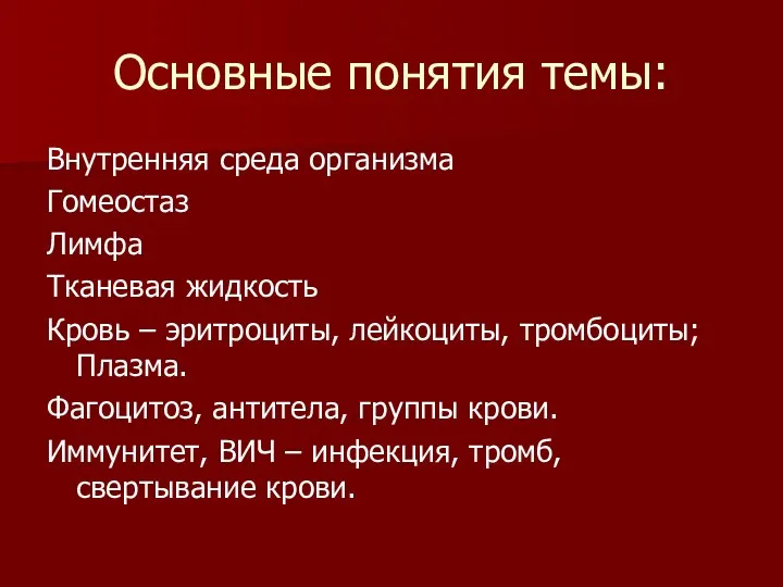 Основные понятия темы: Внутренняя среда организма Гомеостаз Лимфа Тканевая жидкость