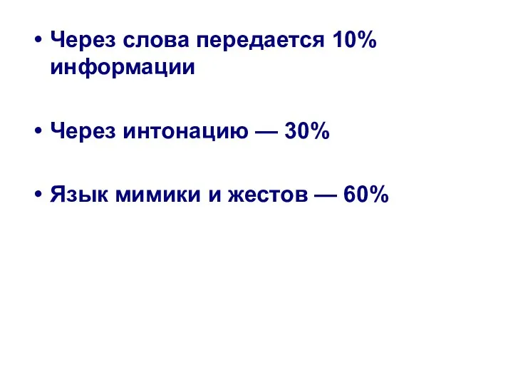 Через слова передается 10% информации Через интонацию — 30% Язык мимики и жестов — 60%