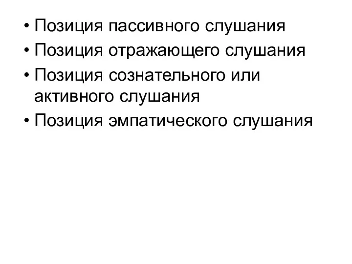 Позиция пассивного слушания Позиция отражающего слушания Позиция сознательного или активного слушания Позиция эмпатического слушания